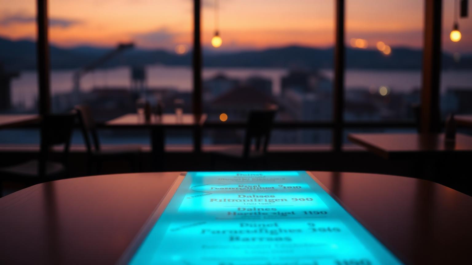 Restaurant table at dusk with a glowing menu surface where some dishes are highlighted and others faded